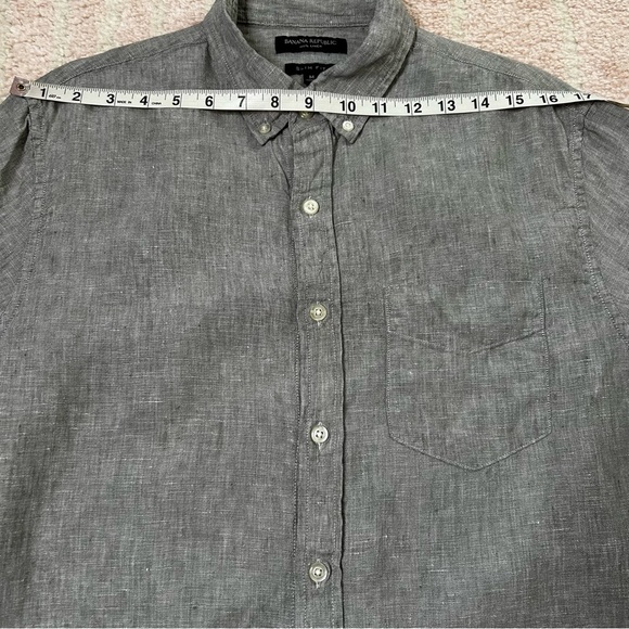 Banana Republic Light Gray Marled Button-Down Short Sleeve Shirt Slim Fit Linen - Picture 6 of 11